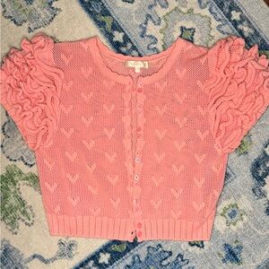 LoveShackFancy Pink Ruffle Sleeve Heart-Knit Cardigan